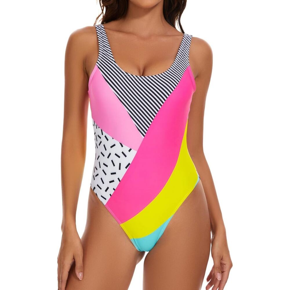 MIAIULIA Women's Retro 80s/90s Inspired High Cut Low Back One Piece Large